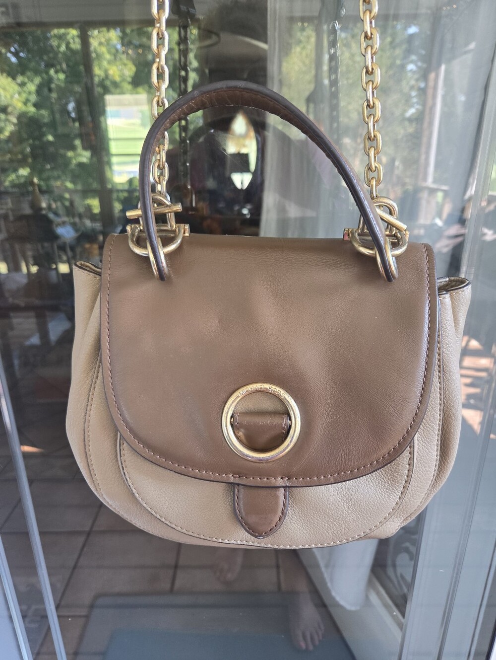 Michael Kors Women’s Two-Tone Brown Leather Top-Handle Bag with Gold Hardware